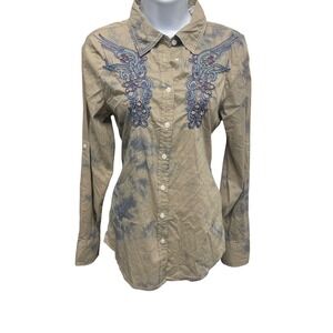 Roar Signature Whirlwind Embroidered Lace Back‎ Tie Dye Western Shirt Med Blue